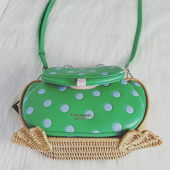 NWT Kate Spade Lily Polka Dot Wicker 3D Frog Crossbody/Green/Wicker-Leather - Picture 11 of 13